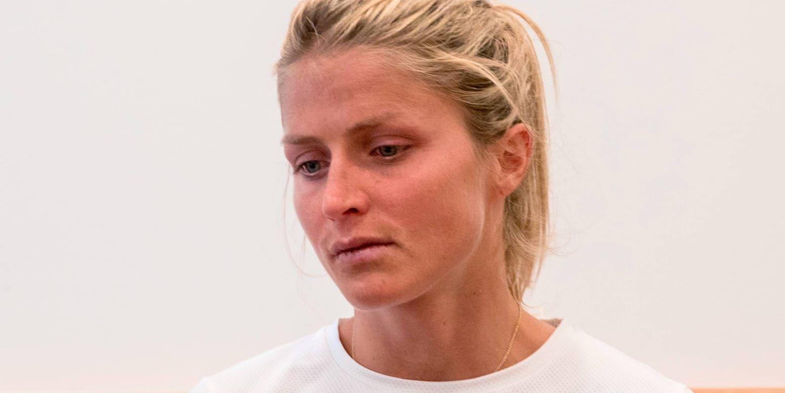 Therese Johaug på pressekonferensen sedan Idrottens skiljedomstol, CAS, dömt henne till 18 månaders avstängning.
