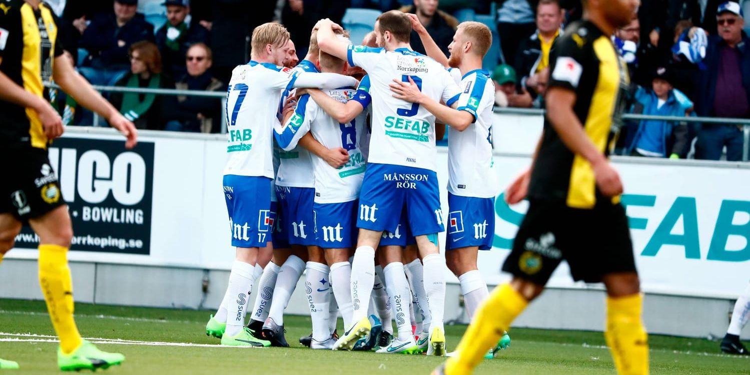 Norrköpingsjubel efter Sebastian Anderssons 1–0 mot Hammarby på Östgötaporten.