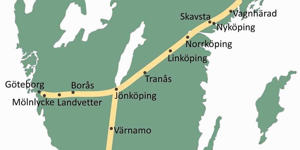 De nu föreslagna stationerna. Utanför denna karta, i Skåne, tillkommer Hässleholm, Lund och Malmö.