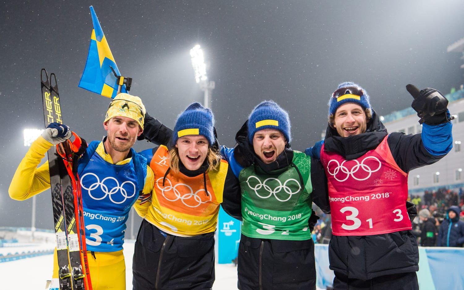 Fredrik Lindström, Sebastian Samuelsson, Jesper Nelin och Peppe Femling körde hem guldet i skidskyttestafetten
