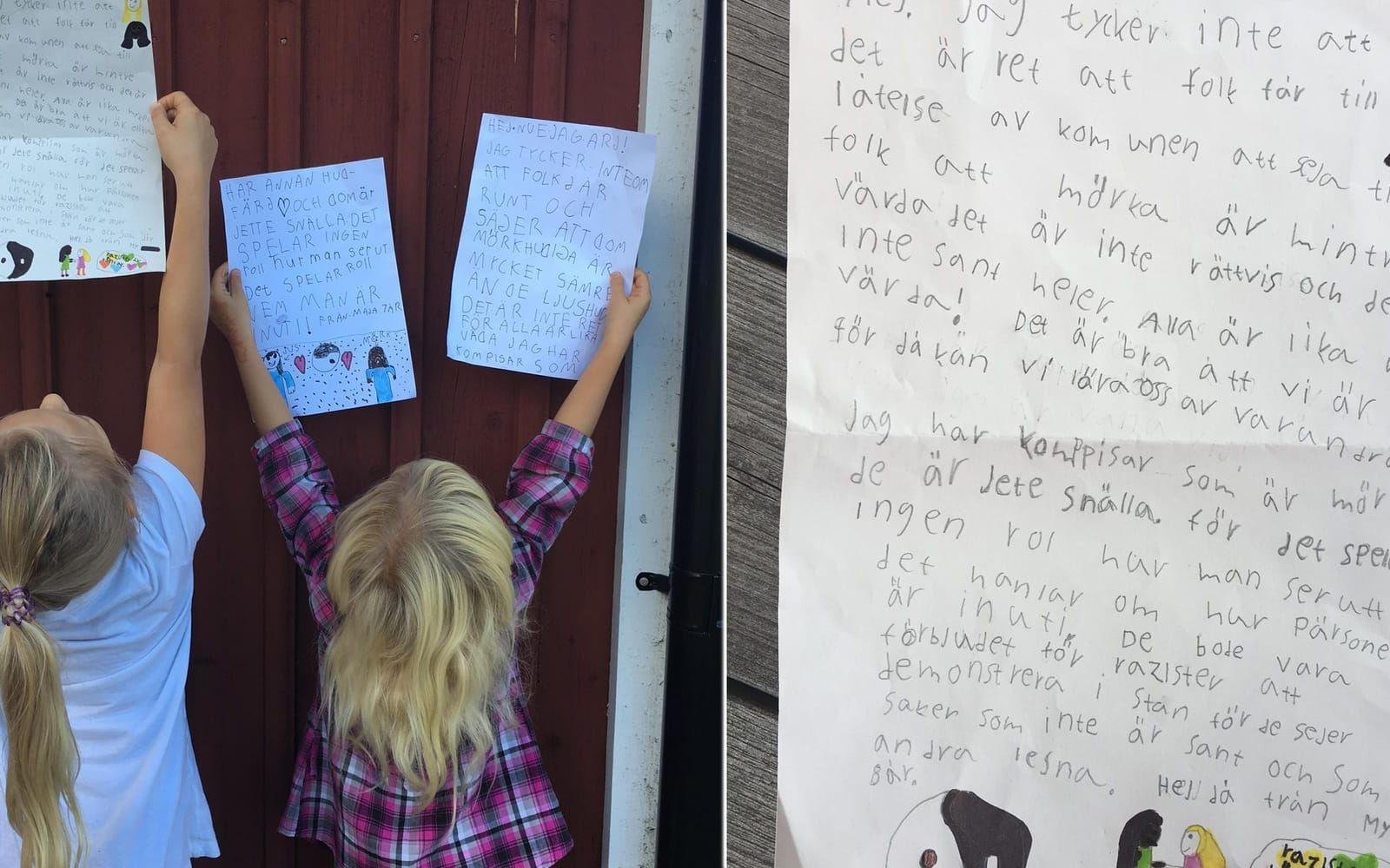 My, 8, och Maja, 7, reagerade starkt efter nazisternas besök i Göteborg – de bestämde sig för att skriva ett protestbrev. Foto: Privat
