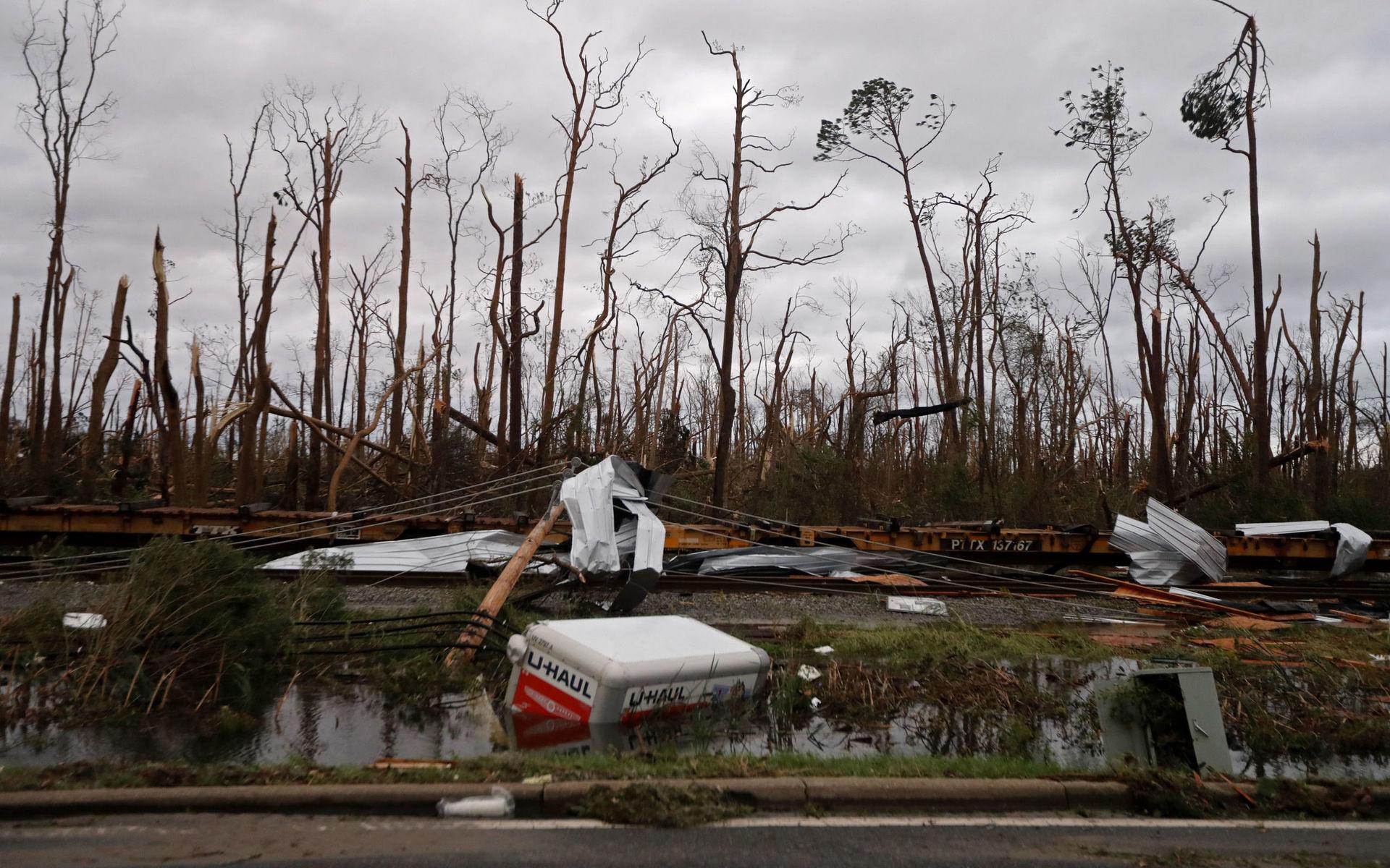 Söndertrasade träd, urspårade tågvagnar och en nedsjunken släpvagn i Panama City, Florida.
