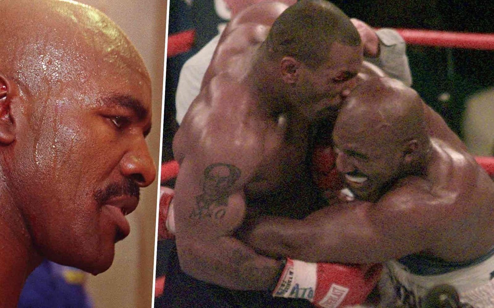 I returen svarade Tyson för en av tidernas största idrottskandaler, när han bet av en del av Holyfields öra. Han diskvalificerades och försökte sedan ge sig på motståndaren och i stort sett alla andra som stod i vägen. Foto: TT