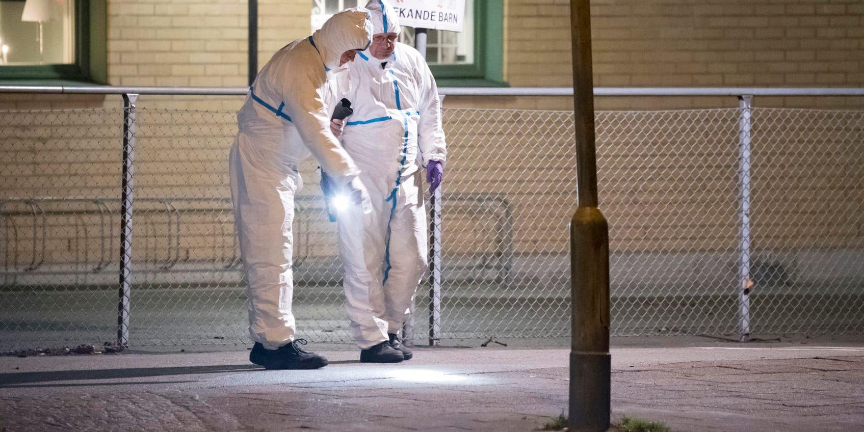 Polisens tekniker undersöker den 28 december ett område vid Nydalaskolan i Malmö där en man hittades livlös. Två kvinnor har nu anhållits som misstänkta för mord. Arkivbild.