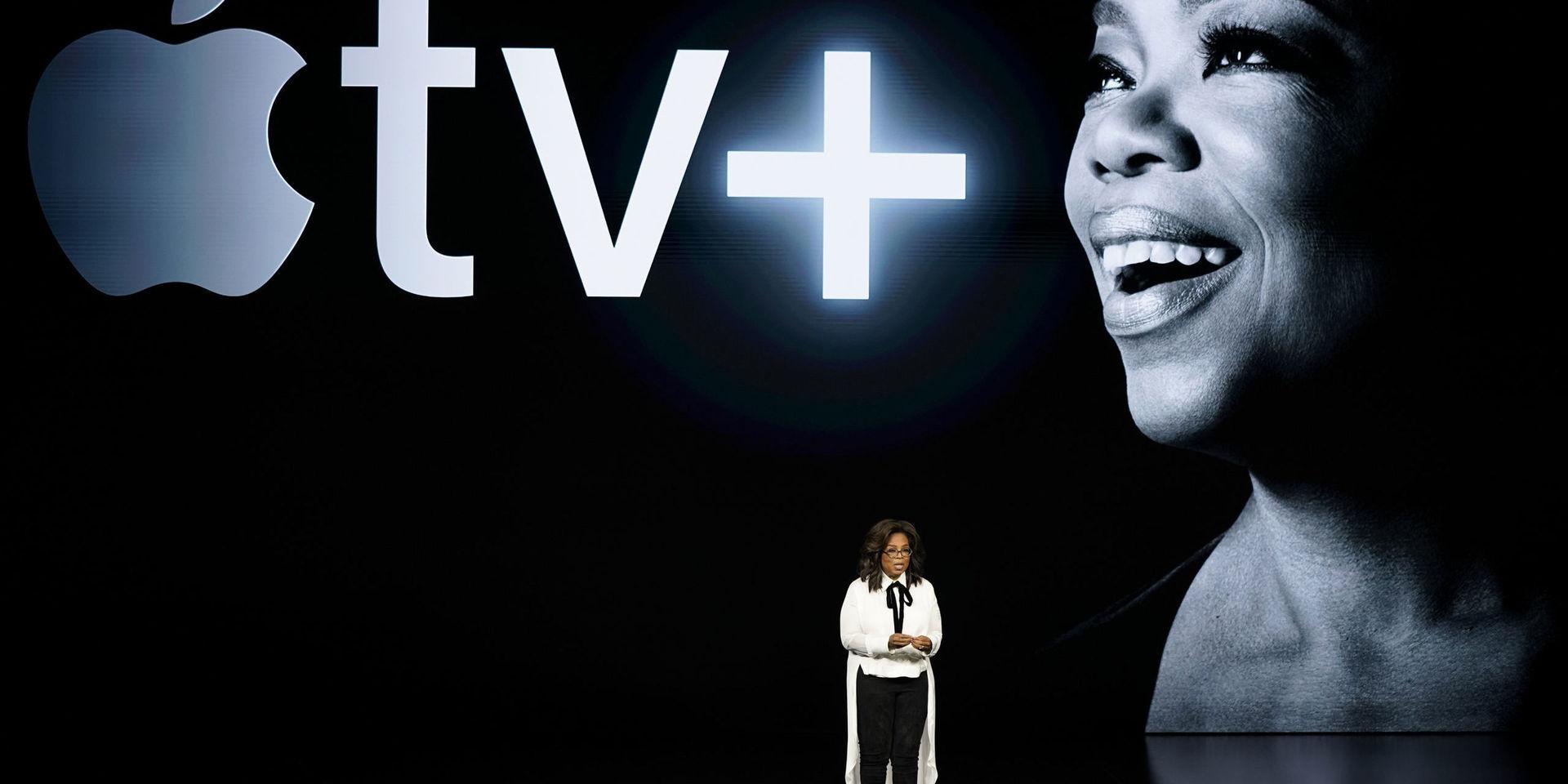 Oprah Winfrey talar under Apples årliga event i Kalifornien. Apple och Winfrey kommer tillsammans skapa program på den nya strömningstjänsten.
