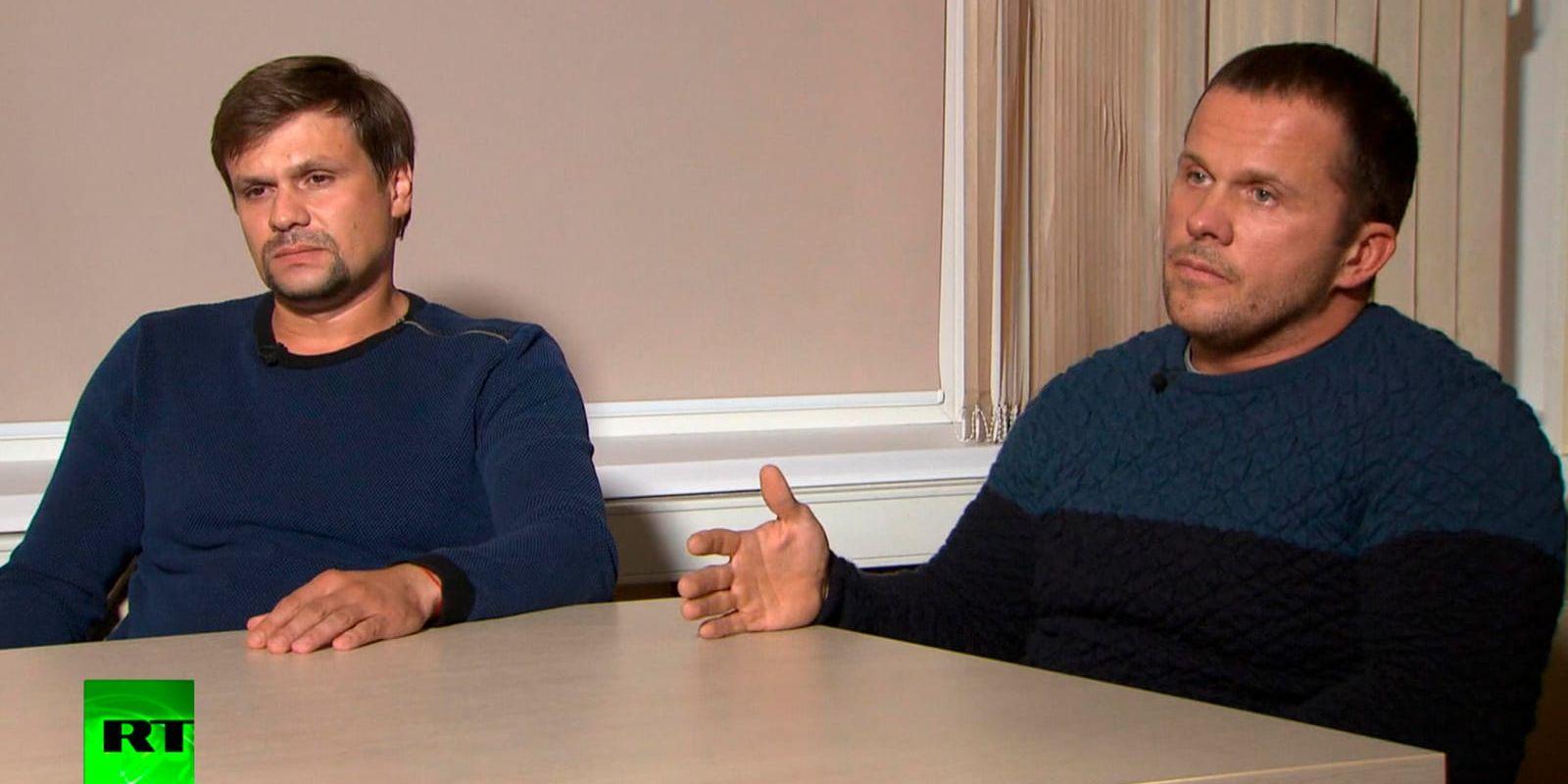 De misstänkta ryska agenterna "Ruslan Bosjirov" (till vänster) och "Aleksandr Petrov" i en intervju med den ryska statliga internationella propagandakanalen RT. Arkivbild.