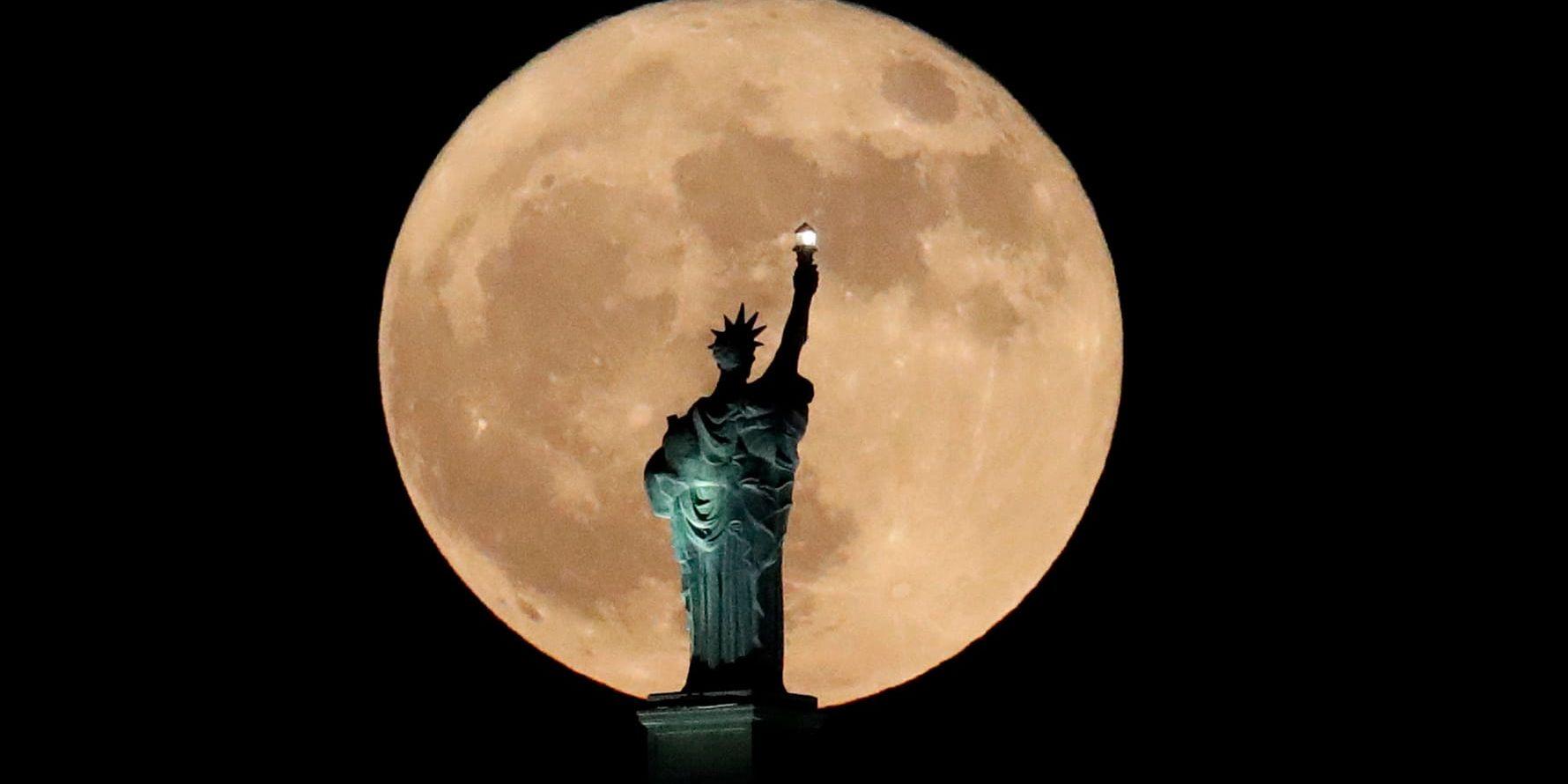 Månuppgång med frihetsgudinnan i New York i förgrunden. Arkivbild.