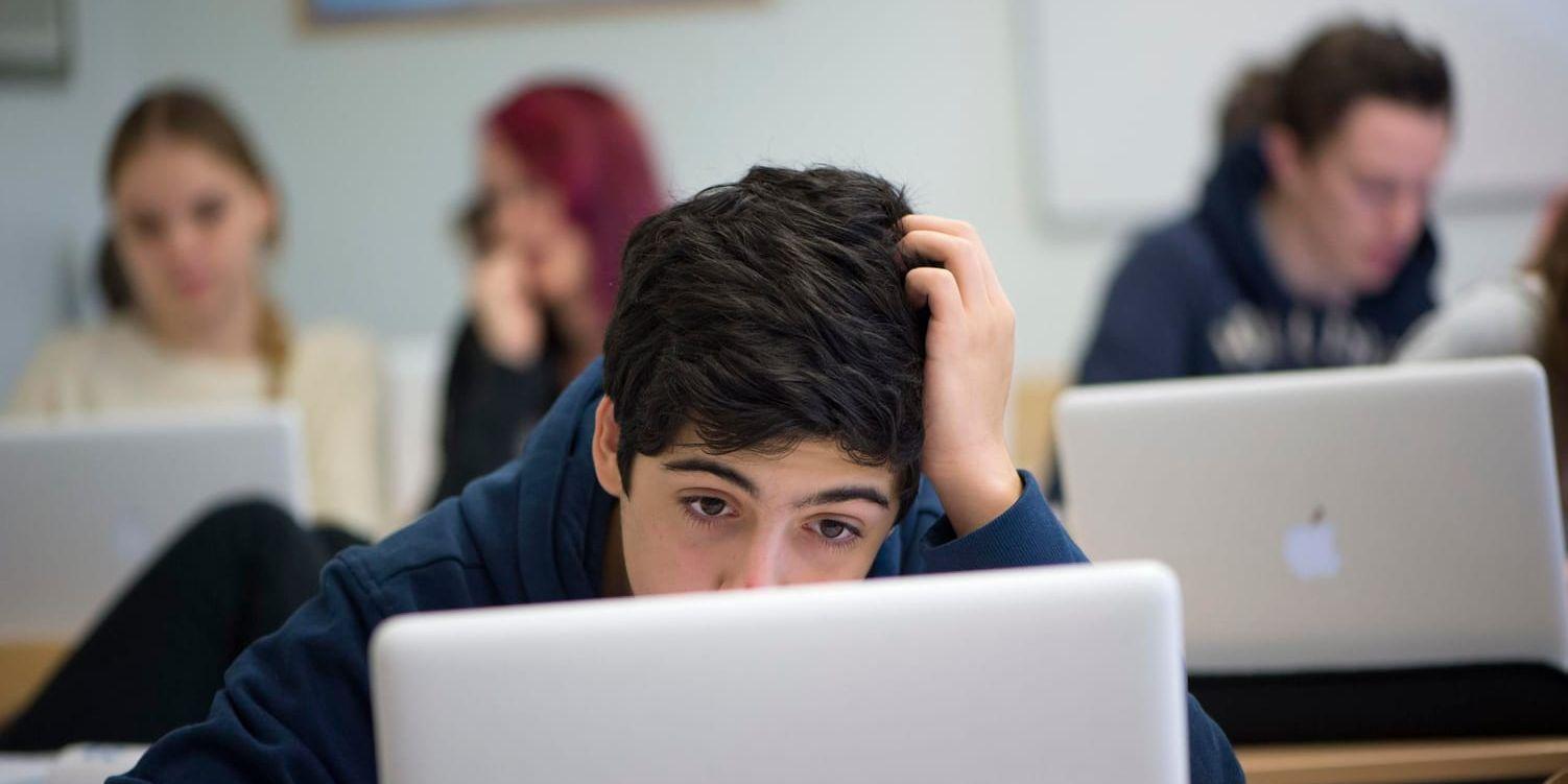 En niondeklassare klurar på ett matteproblem bakom sin dator under en mattelektion på Trädgårdstadsskolan i Tullinge.