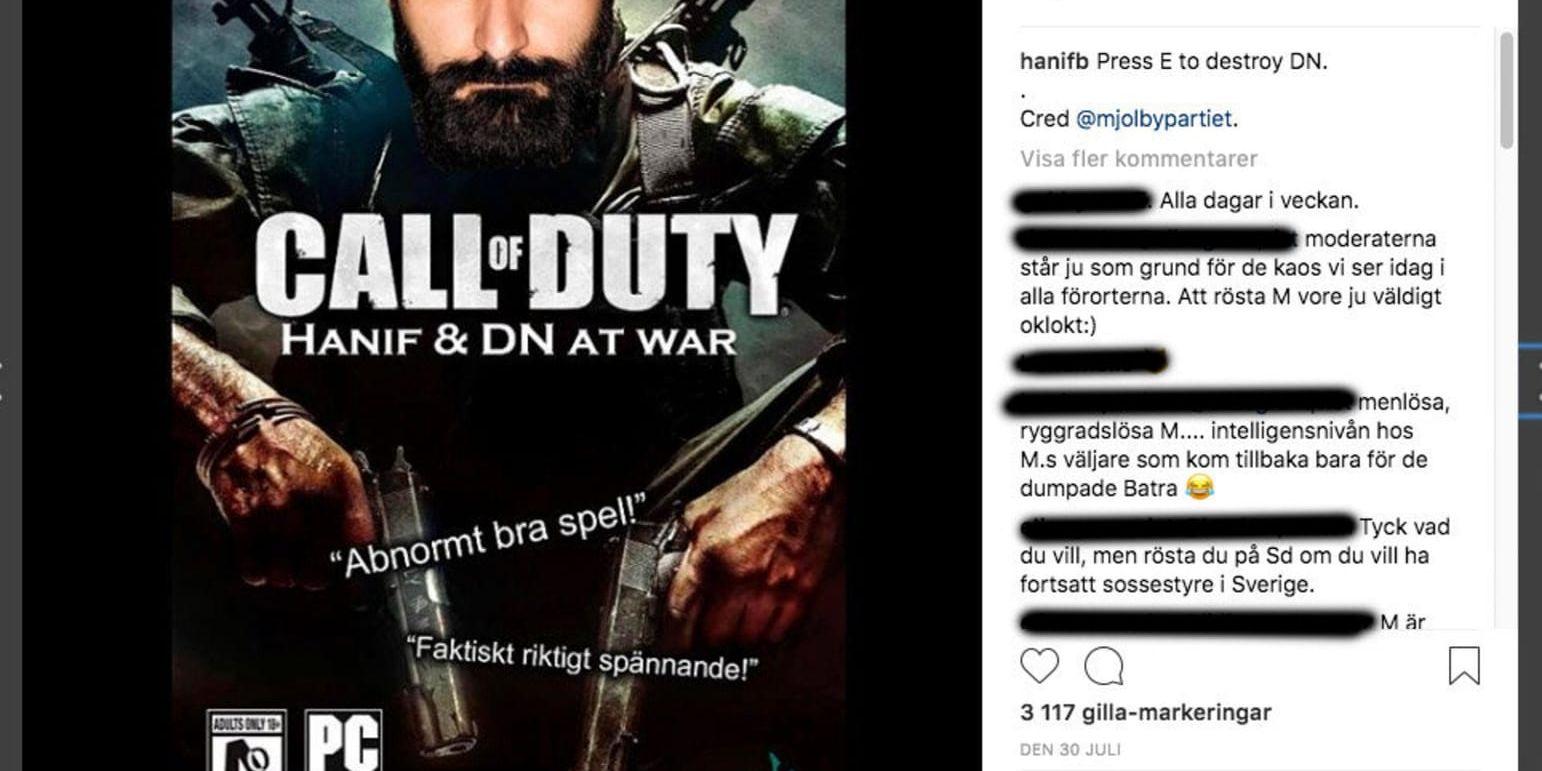 "Press E to destroy DN" (Tryck E för att förstöra DN) stod det vid bilden som Hanif Bali hade delat på sitt Instagramkonto.
