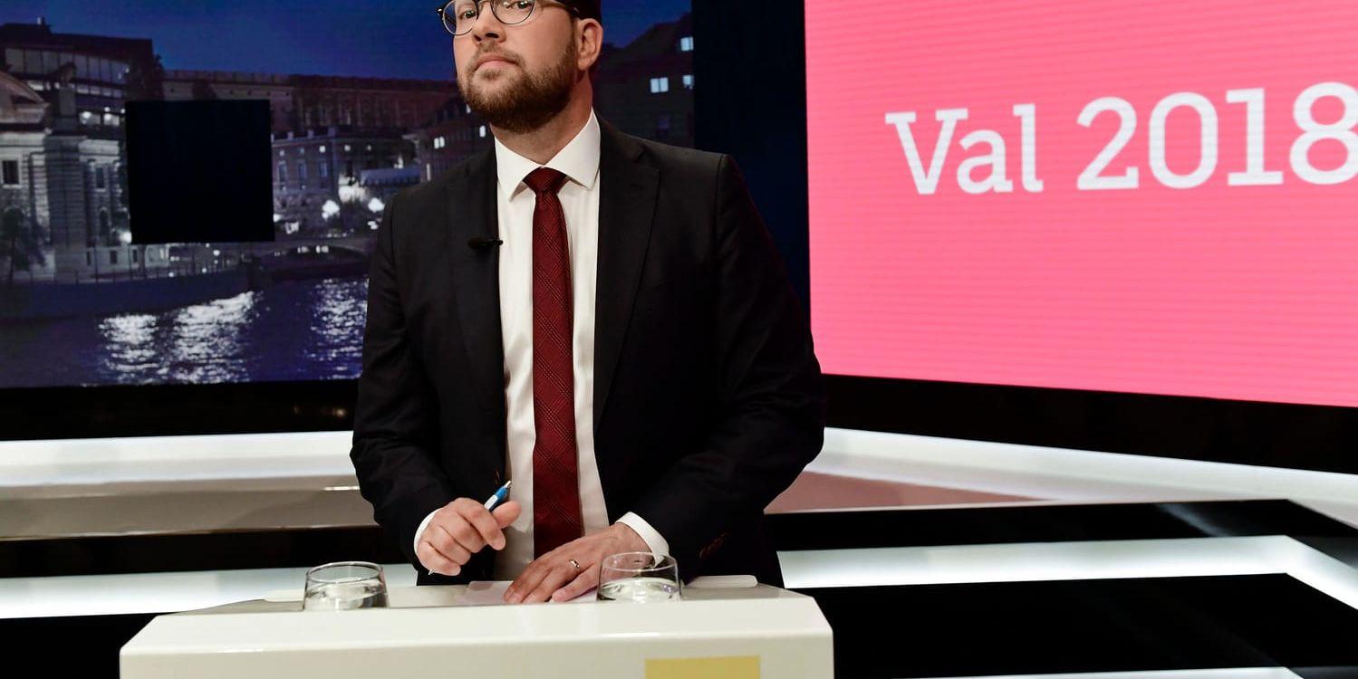 Sverigedemokraternas Jimmie Åkesson (SD) i SVT:s partiledardebatt.
