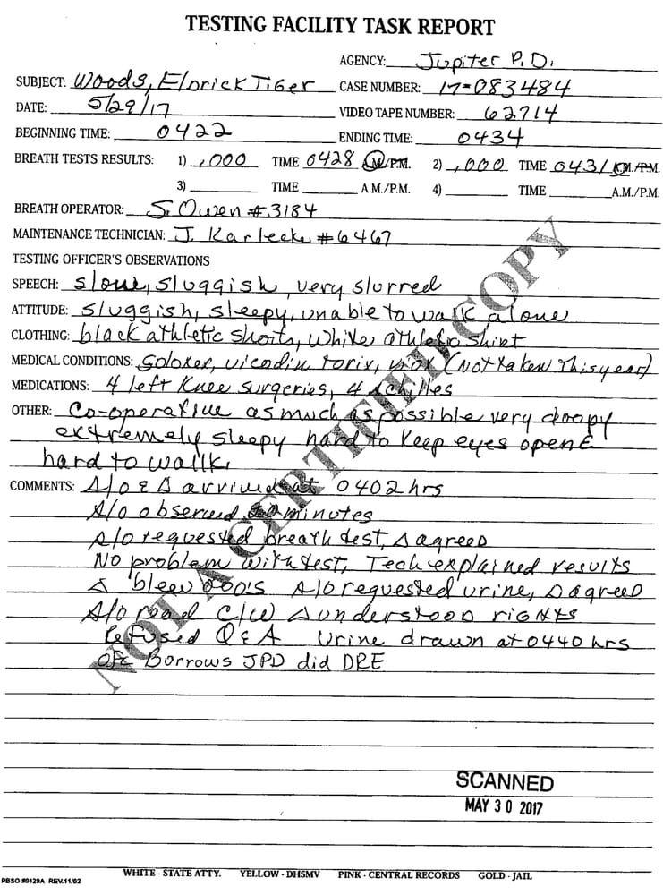 En rapport som släpptes av polisen i Jupiter, Florida, avslöjar detaljer kring Woods tillstånd när han hittades i sin bil. Foto: TT