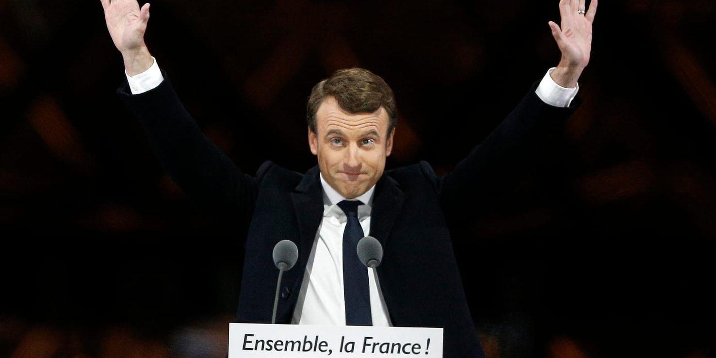 Jublet var stort när Emmanuel Macron äntrade scenen framför Louvren i Paris efter segern i presidentvalet den 7 maj 2017. Arkivfoto.