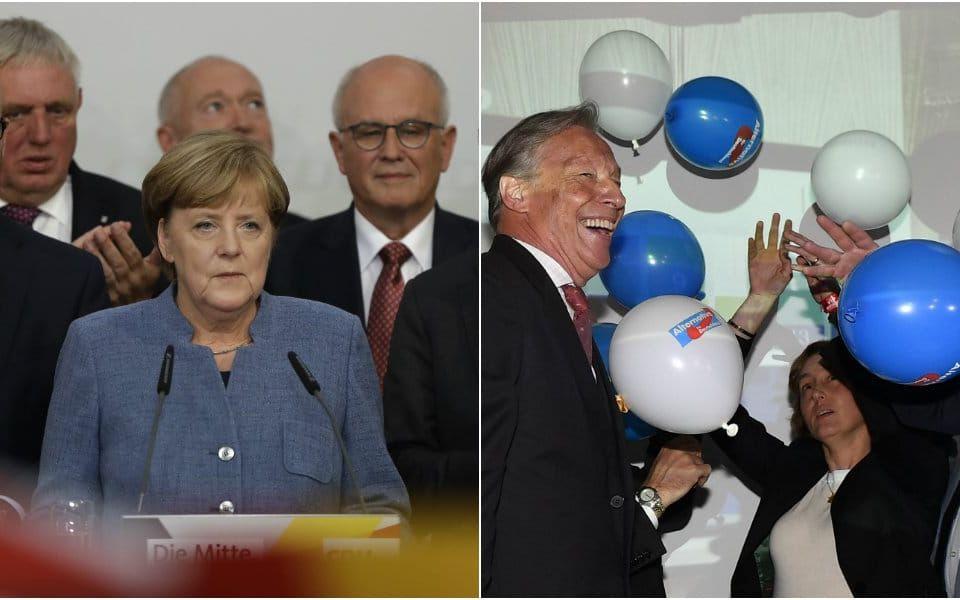 Merkel går mot seger i det Tyska valet efter den första prognosen. Högerpopulistiska AfD ser ut att bli tredje största parti. Bild: TT