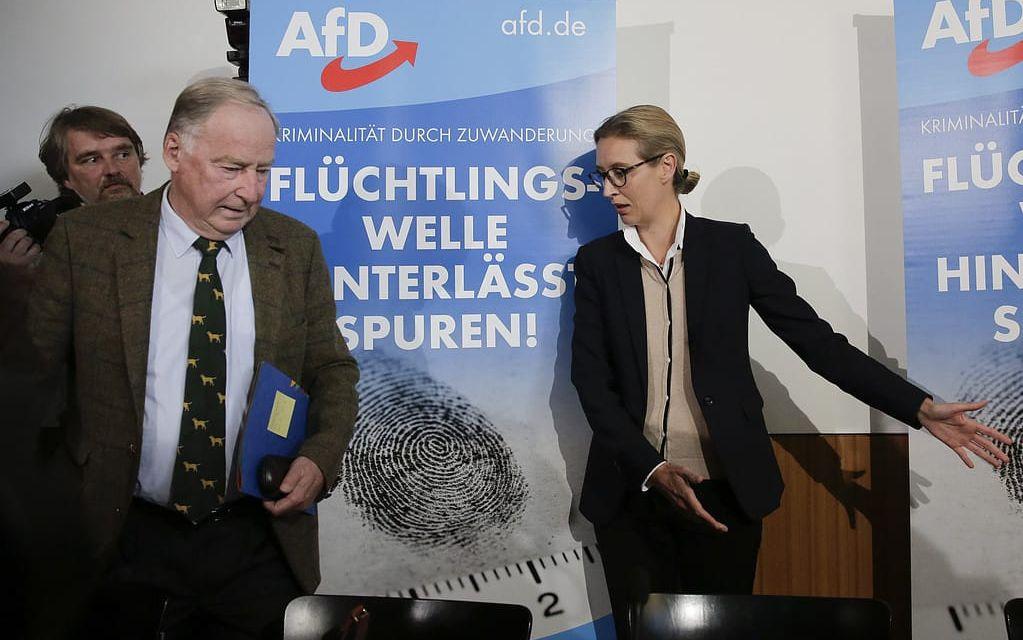 Alexander Gauland och Alice Weidel, toppkandidater för tyska AfD (Alternativ för Tyskland) på en presskonferens i Berlin. Bild: TT
