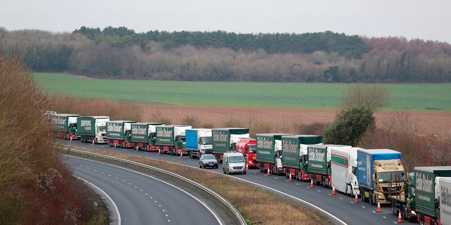 Lastbilar i en iscensatt kö utanför Dover, Storbritannien.