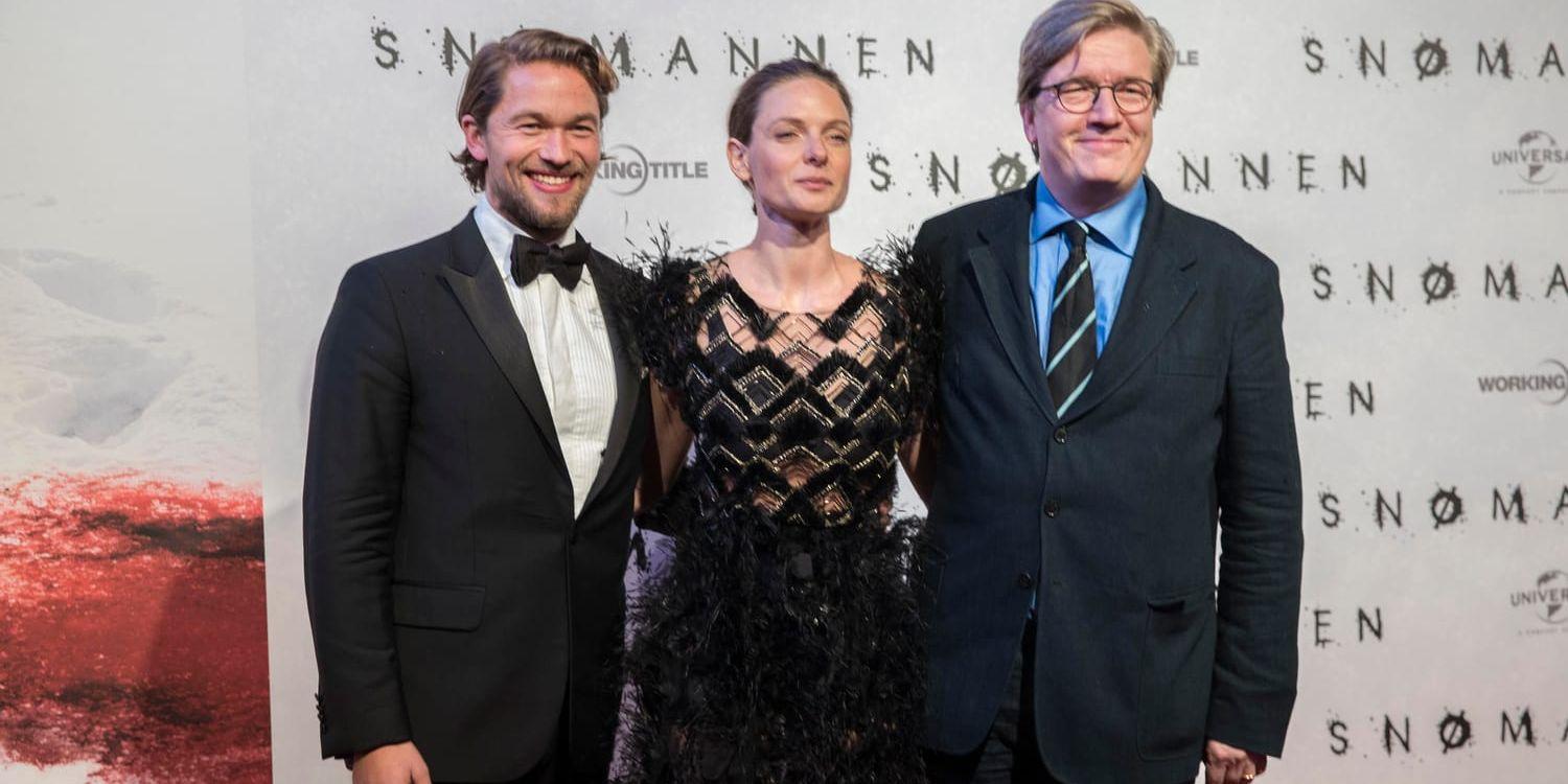 Jakob Oftebro, Rebecca Ferguson och Tomas Alfredson på premiären av "Snömannen". Arkivbild.