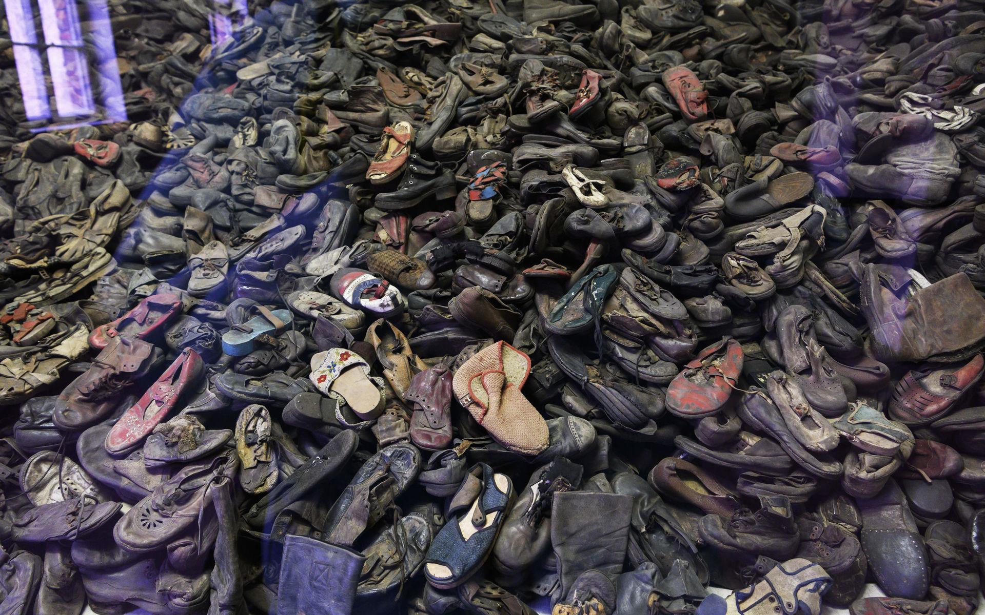 Mängder av skor från de döda har samlats ihop i Auschwitz och även håret som klipptes av när fångarna kom. Håret får dock inte fotograferas.