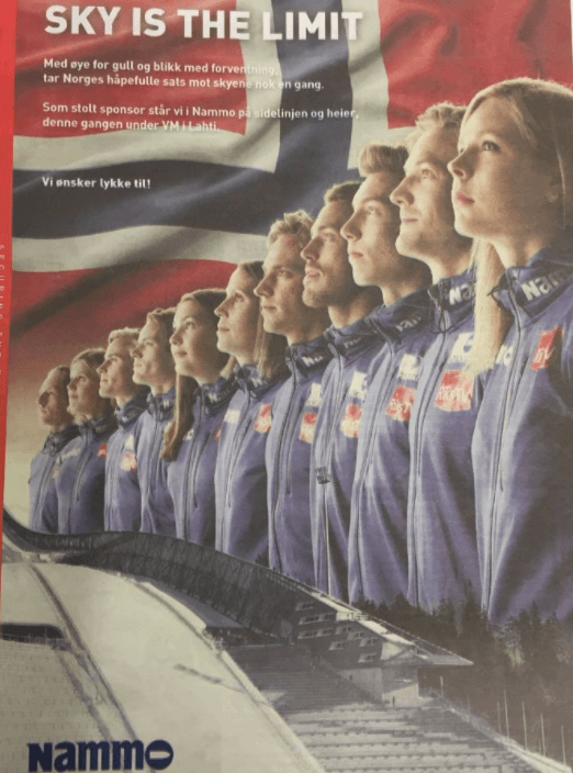 Annonsen där de norska atleterna står uppradade bakom den norska flaggan anklagas för att påminna om nazistpropaganda. FOTO: Aftenposten