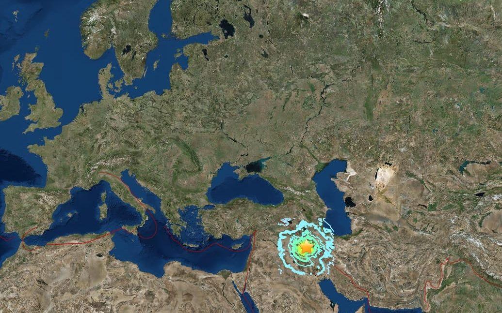 Enligt USGS ska skalvets chockvågor ha nått ända till Turkiet och Syrien, tvärs över Irak. Bild: USGS