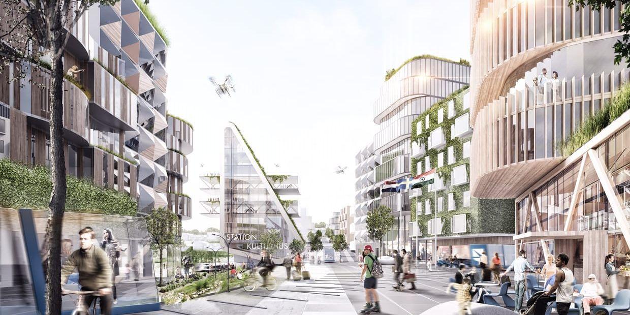 Visionen är att Landvetter södra ska bli en framtida hållbar stad med mycket gröna miljöer och aktivitet. Samhället planeras utifrån de politiska inriktningsmålen, att bygga en innovativ, internationell, modern och mänsklig stad. Bild: Arkitekterna Krook & Tjäder
