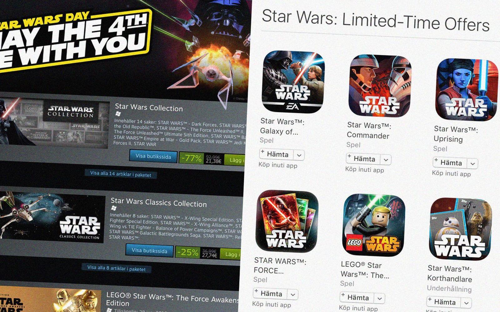 Flera spelbutiker på nätet erbjuder rejäla rabatter på Star Wars-spel, exempelvis Steam, Google Play och Apples App Store.
