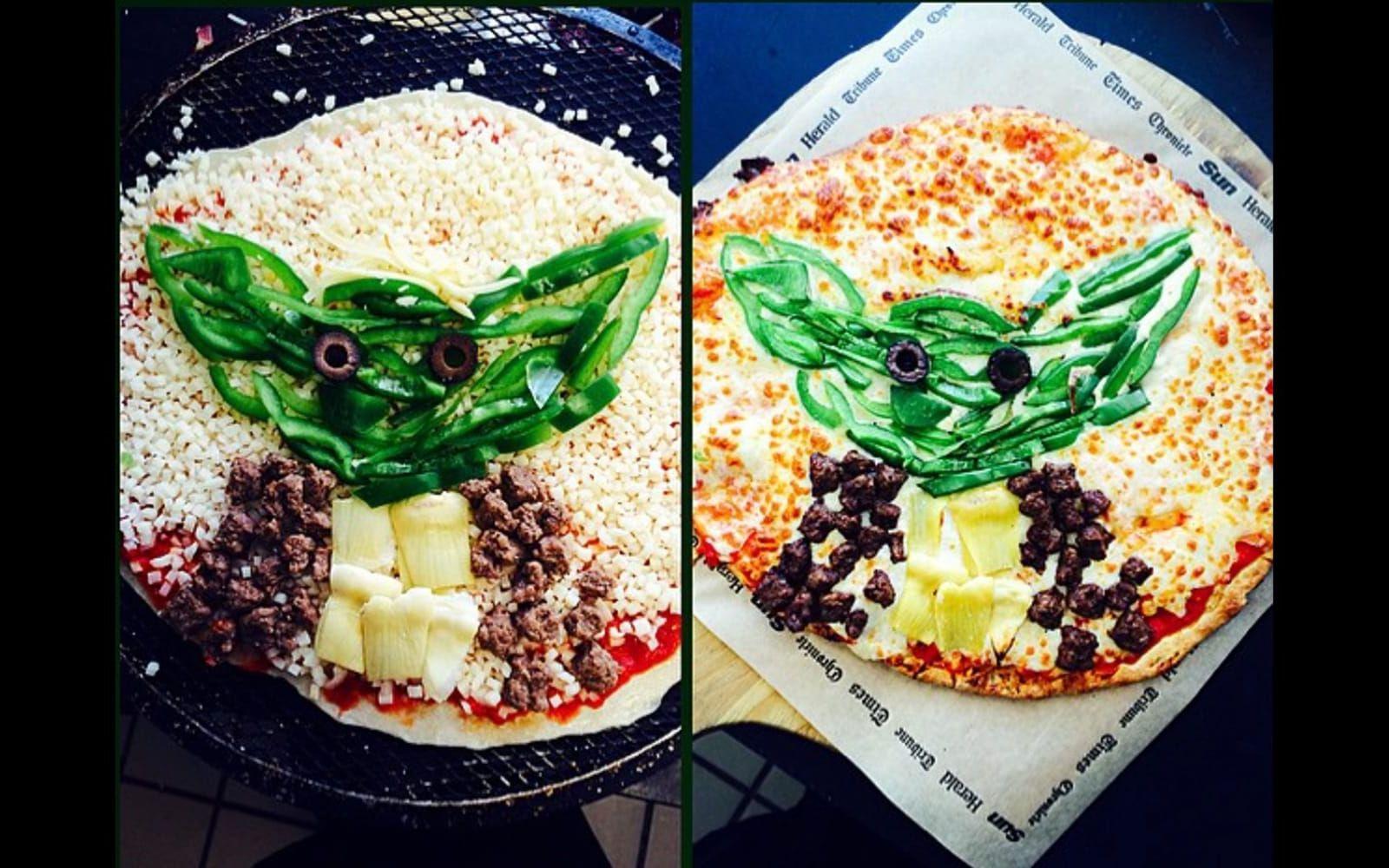 Baka en Star Wars-pizza i kväll. Självklart gör sig pizzaformen bäst för kreativa tolkningar av Dödsstjärnan. Eller som här – en vegetarisk Yoda-pizza!