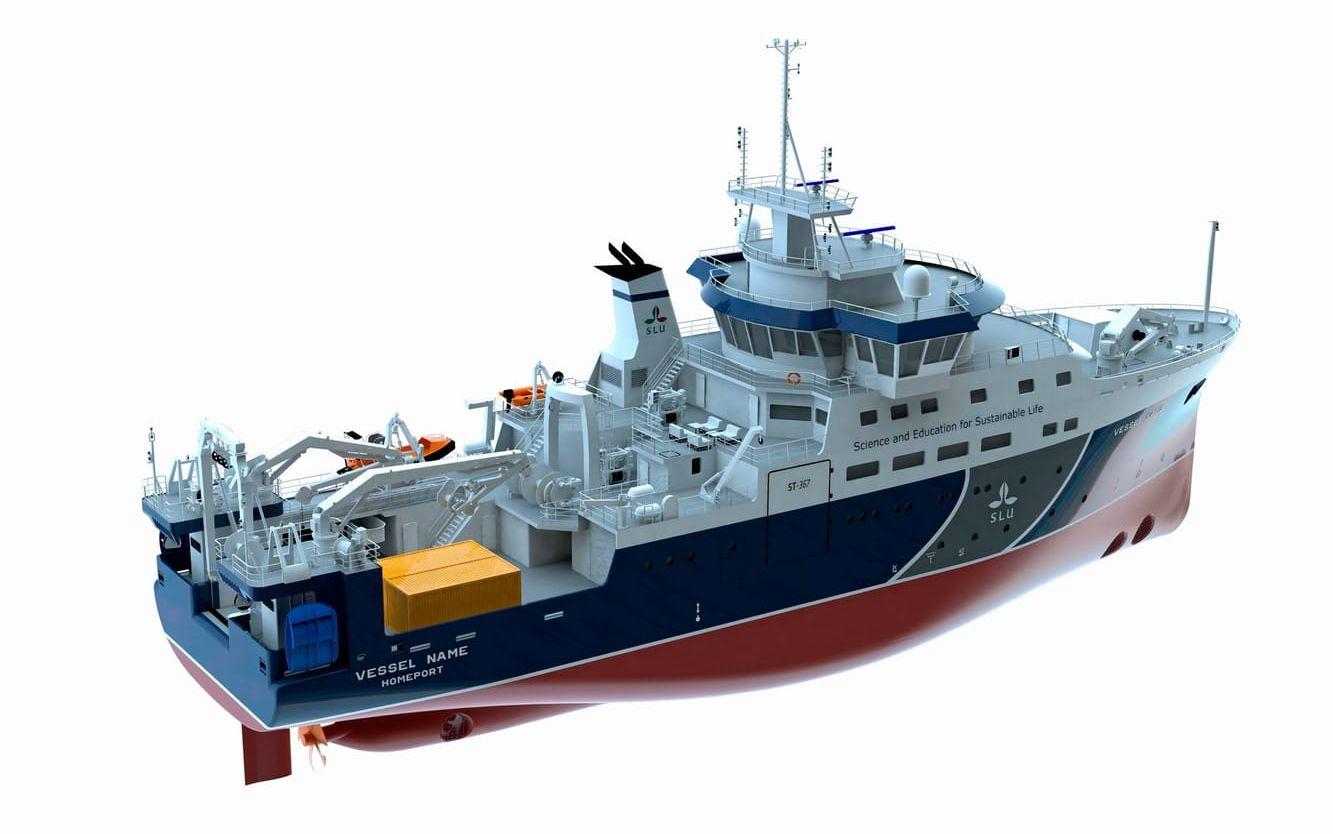 Fartyget har designats av det norska företaget Skipsteknisk A/S och har 28 enkelhytter. SLU är ägare medan Sjöfartsverket ska sköta driften. Illustration: SLU