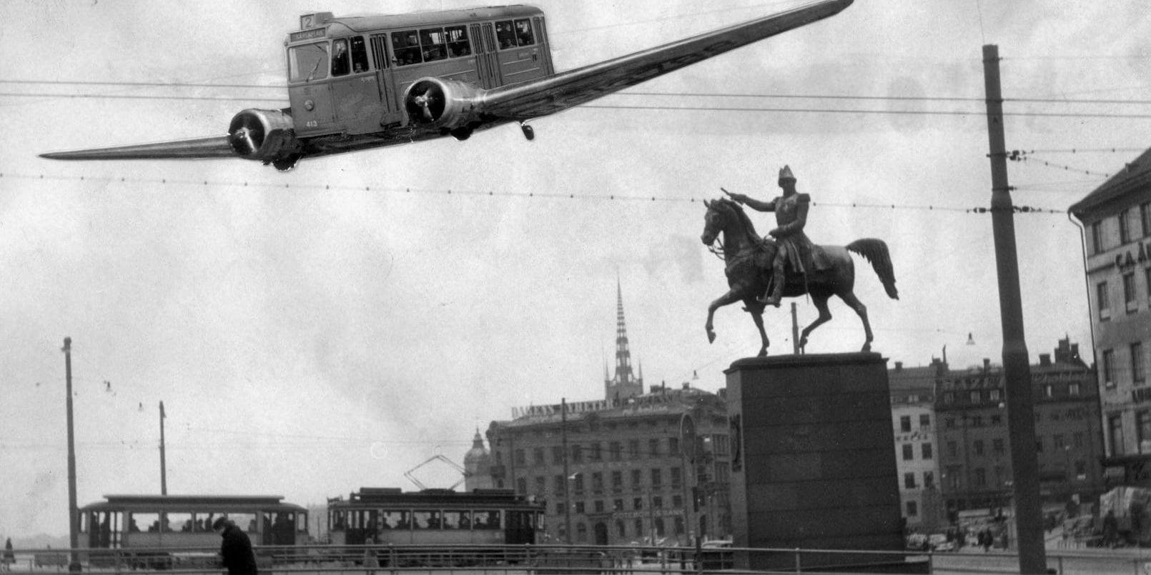 Ett aprilskämt från 1950 om att Stockholm skulle få spårvagnsflyg. Bilden är ett montage.