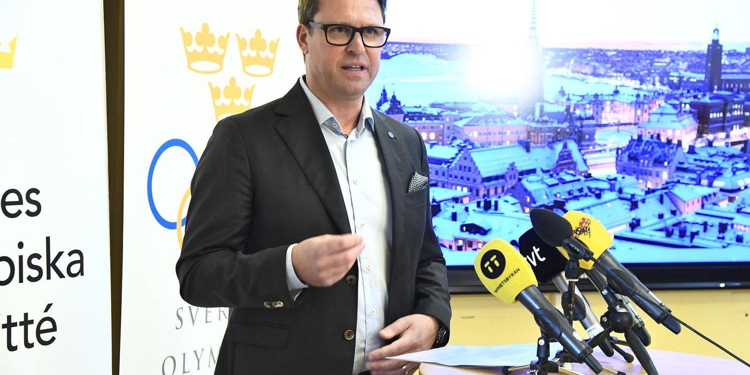 SOK:s ordförande Mats Årjes under onsdagens presskonferens på Stockholms stadion inför vinter-OS 2026.