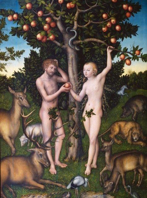 De första människorna enligt kristen tro, Adam och Eva, i full färd med att äta av kunskapens frukt på Carnachs målning anno 1526. I texten till Håkans I sprickorna kommer ljuset in har de tydligen tilldelats moped, bil, hoverboard eller annat fordon: "Adam och Eva körde över kanten av Eden, vaknade upp på den första stranden. Eva sa: "Är nåt visset så växer nåt nytt där ur. Men hon visste att hon hade slut på tur".