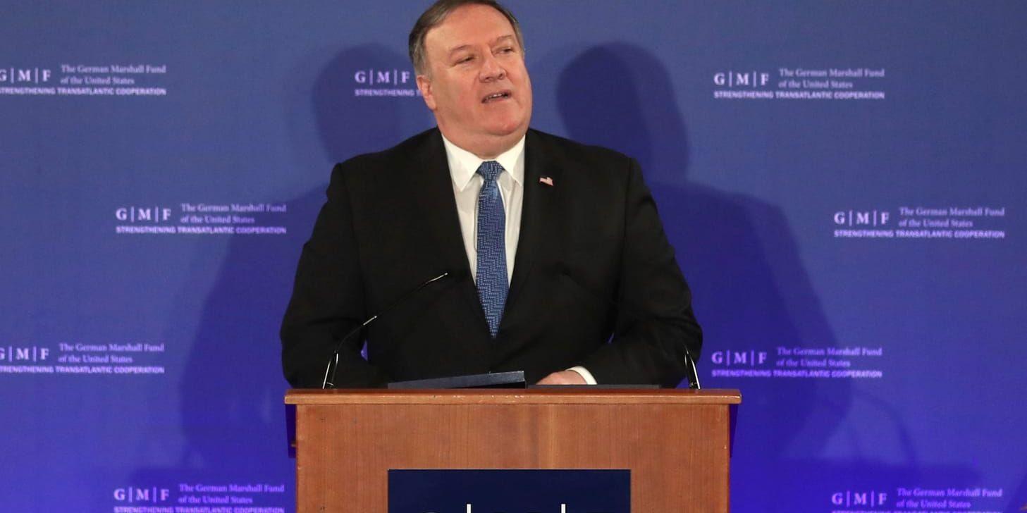 USA:s utrikesminister Mike Pompeo under sitt tal i Bryssel.
