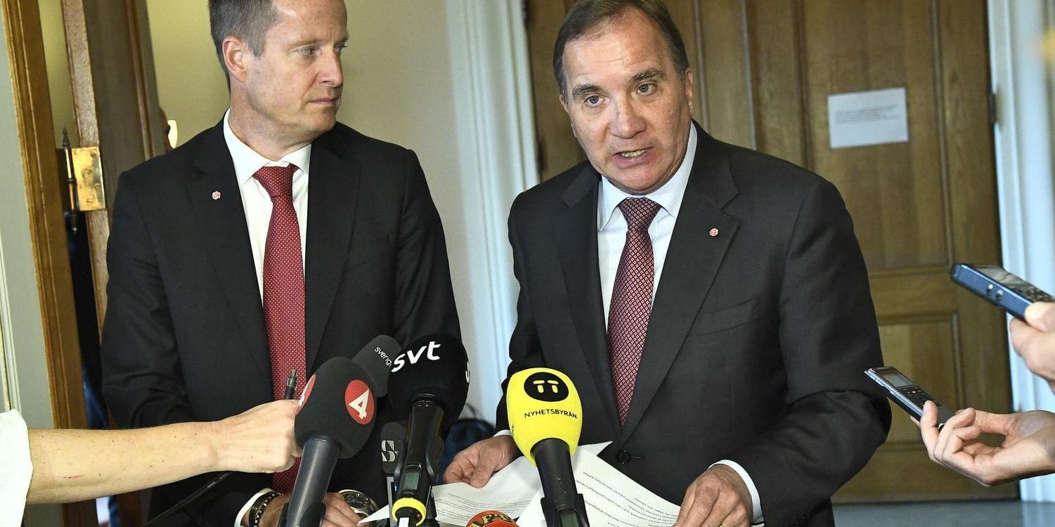 Anders Ygeman (S), Socialdemokraternas gruppledare i riksdagen, och statsminister Stefan Löfven (S), meddelar att S vill ha överläggningar med de borgerliga partierna om vem som ska bli ny talman.