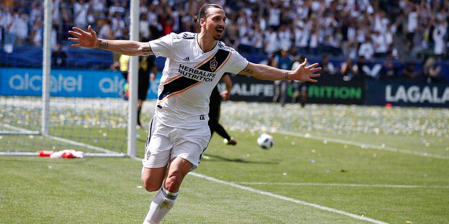 Zlatan Ibrahimovic firar ett av sina mål i Los Angeles Galaxys 4–3-seger mot Los Angeles FC i MLS-debuten. Arkivbild.