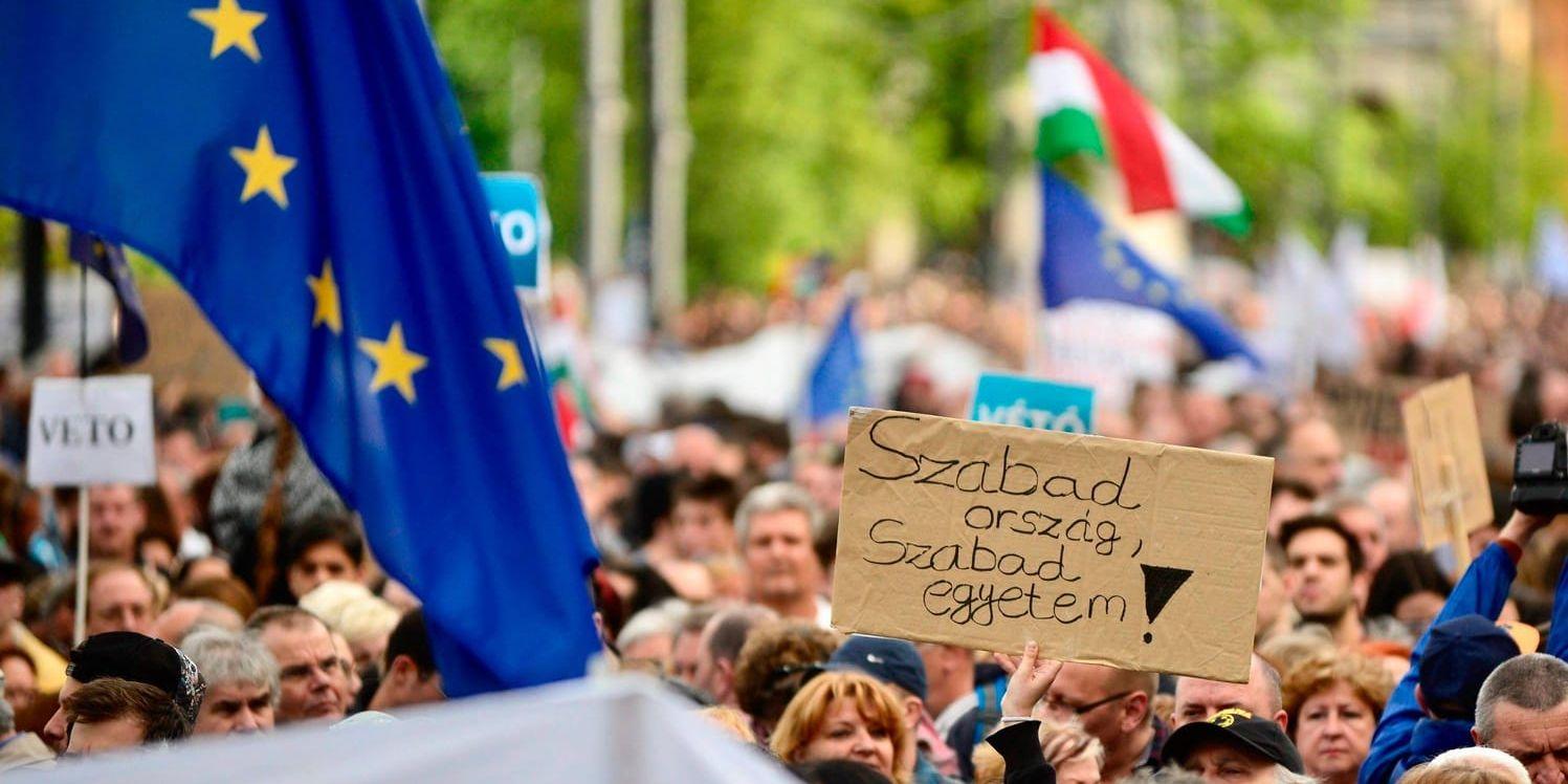 Protester i Budapest mot försöken att stänga det utlandsstyrda CEU-universitetet. Arkivbild.