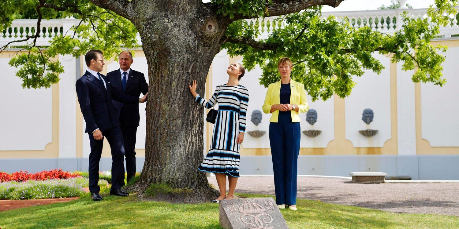 Prins Daniel, presidentens make Georgi-Rene Maksimovski, kronprinsessan Victoria och Estlands president Kersti Kaljulaid under den ek som planterades av kronprinsessans farfars farfar Gustaf V i parken Kadriorg.