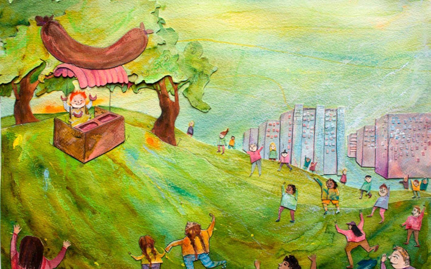 En korvgubbe som kastar korvar. Illustration Hannah Arnesen.
