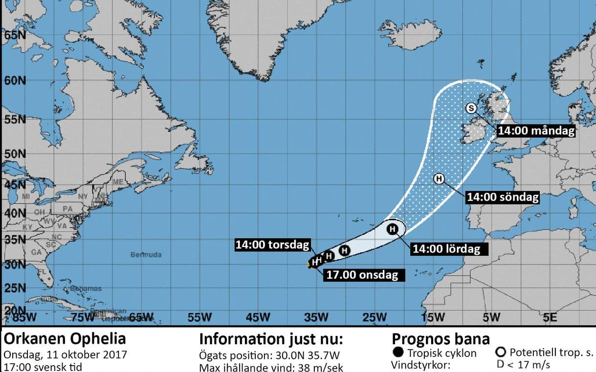 Ophelia förväntas dra in över de brittiska öarna och Irland under söndagen. Men troligen har orkanen då nedgraderats från orkanstyrka. GRAFIK: NOAA
