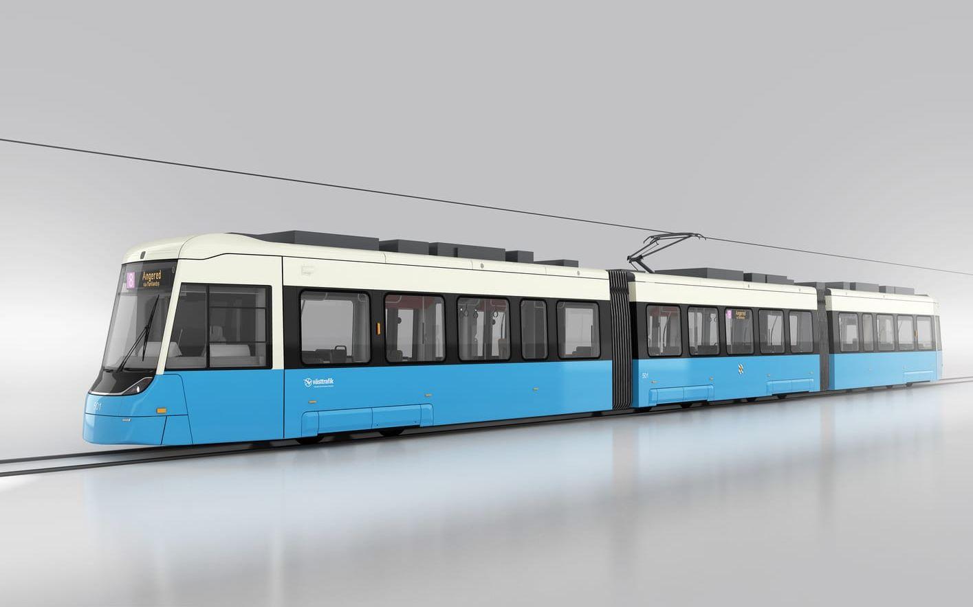 Den nya exteriören är fortsatt "spårvagnsblå", en färg som man kallar "Gothenburg Tramway Blue". Illustration: Göteborgs Spårvägar