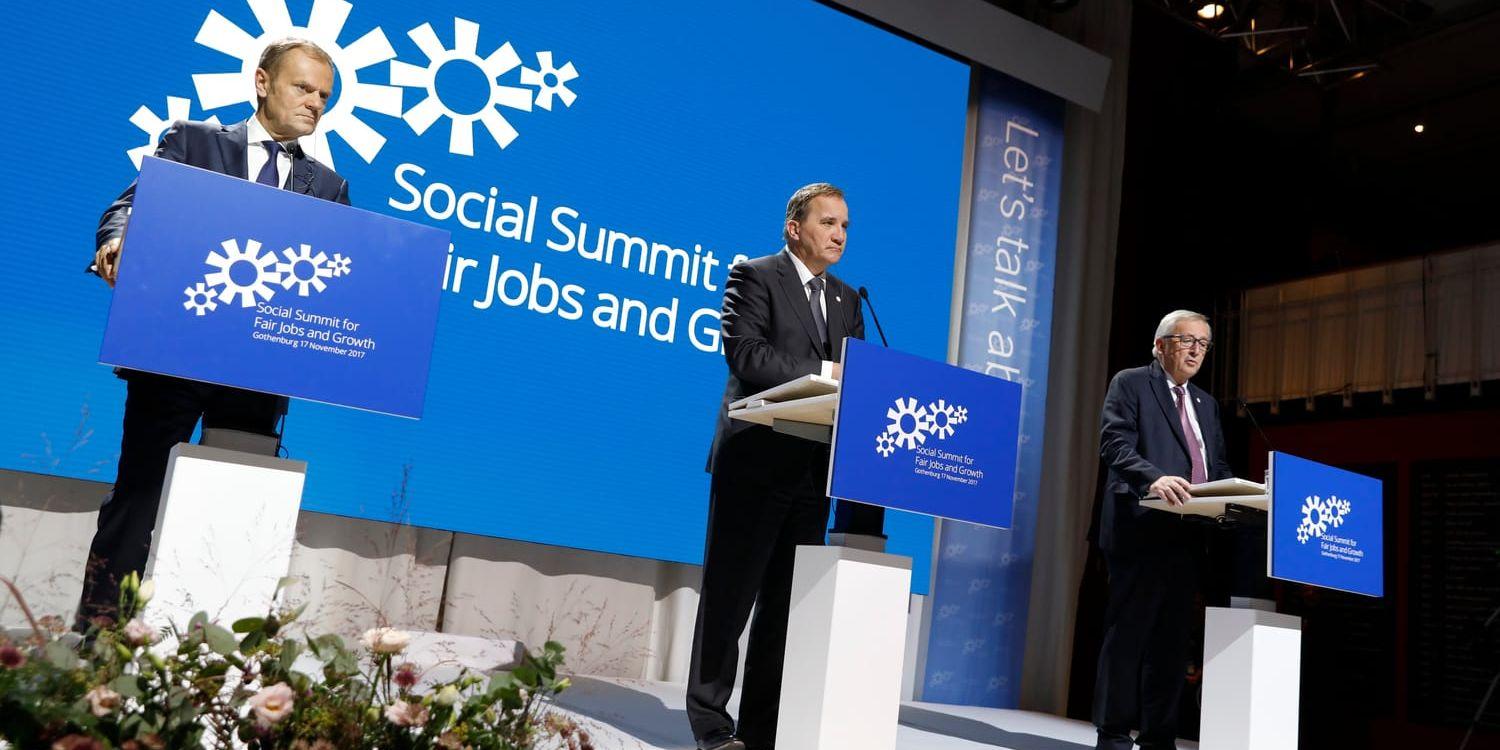 Europeiska rådets ordförande Donald Tusk, Sveriges statsminister Stefan Löfven och EU-kommissionens ordförande Jean-Claude Juncker.