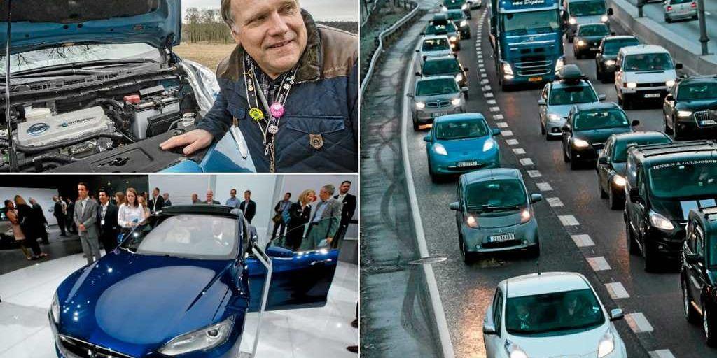 Magnus Johansson i Trollhättan är vice ordförande i föreningen Elbil Sverige. Nere till vänster: Teslas Model S. Till höger: I Oslo får elbilar köra bussfilerna.