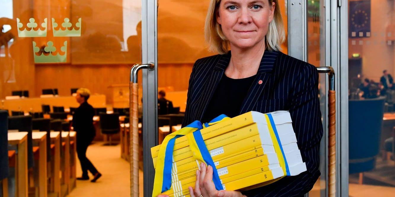 Finansminister Magdalena Andersson (S) i samband med presentationen av höstbudgeten. Arkivbild.