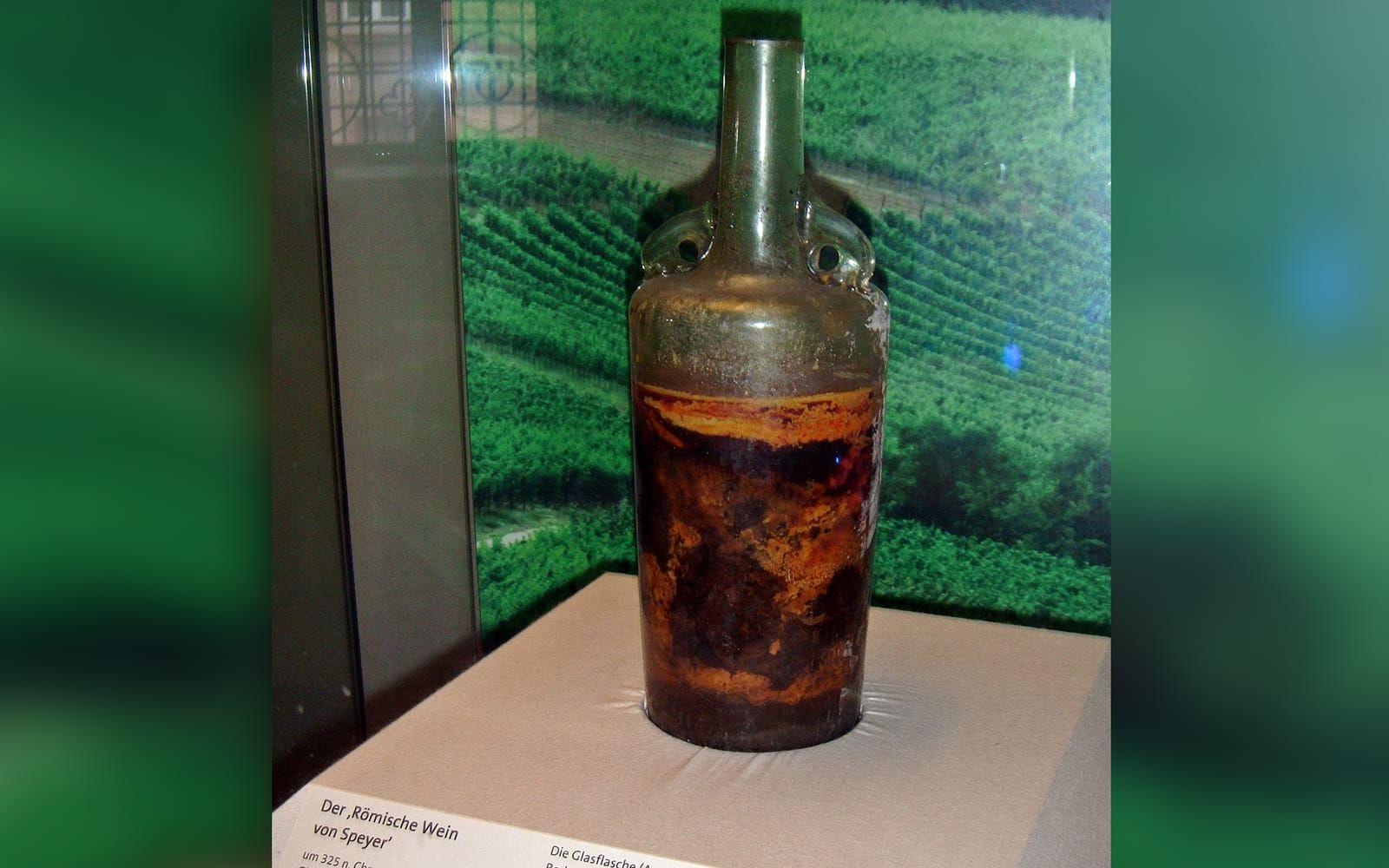 <strong>VÄRLDENS ÄLDSTA VIN.</strong> Under en utgrävning av en romersk grav i närheten av tyska staden Speyer hittades en flaska med bevarat vin. Drycken hade täckts med olja vilket fungerade som ett slags lock och förhindrat att vinet torkat ut. Drycken dateras till mellan år 325 och 350.