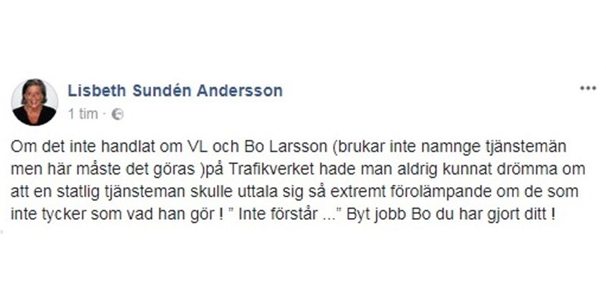 Skärmdump av Lisbeth Sundén Anderssons Facebookinlägg 2018-03-05