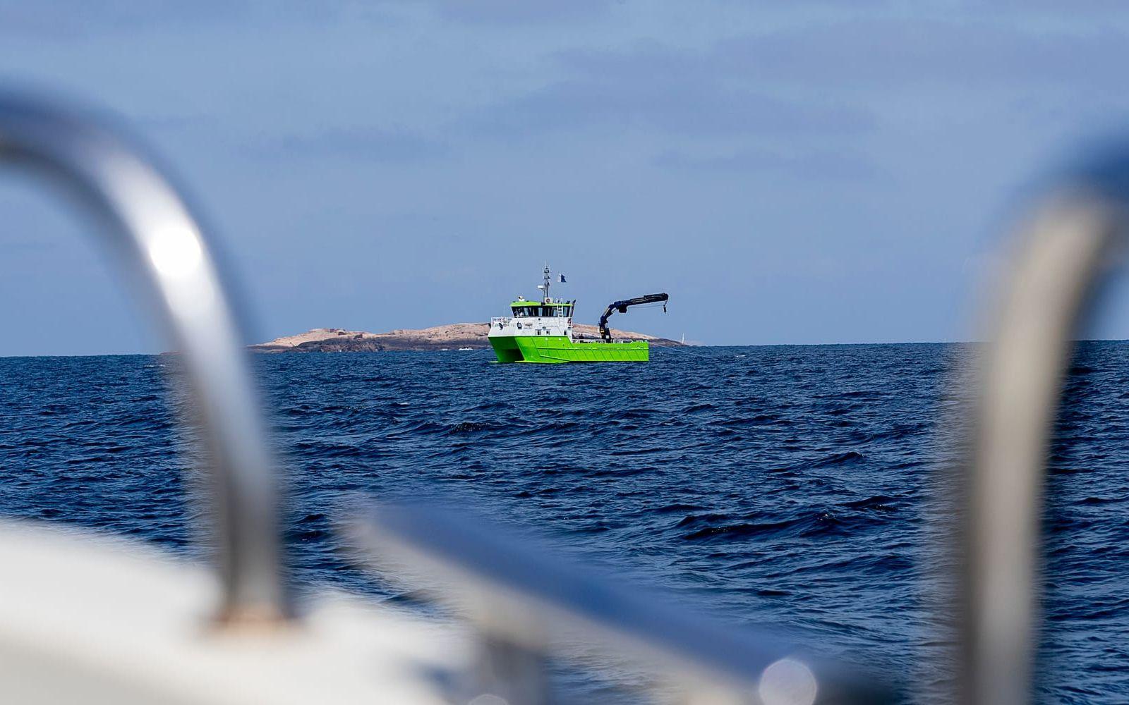 Havs- och vattenmyndigheten försöker ta upp en snörpvad (en typ av trål) som sitter fast i vraket. Bild: Adam Ihse / TT
