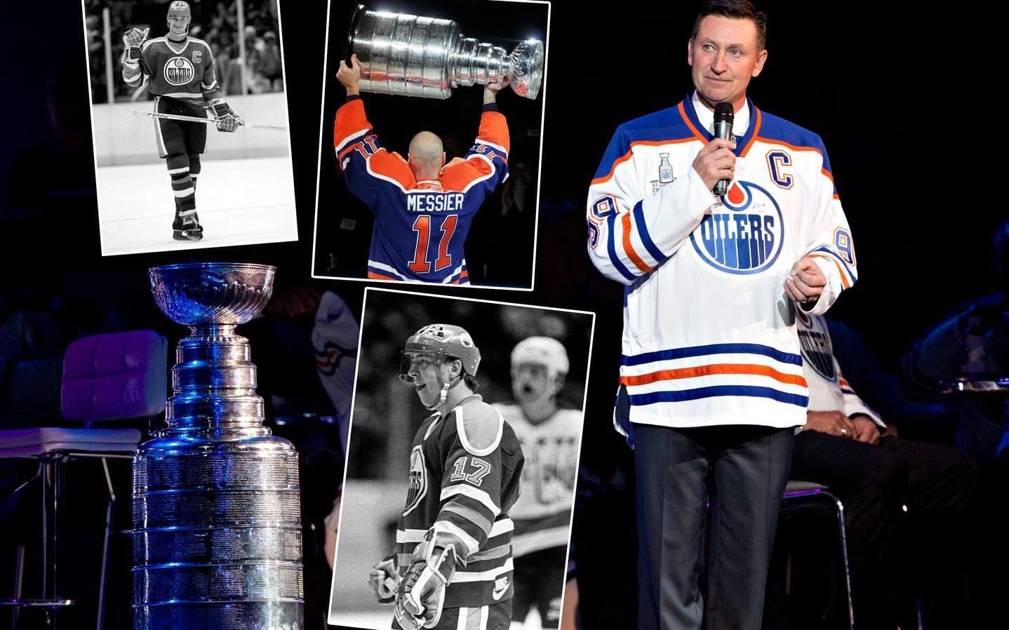 Plats 1: 1983-84 Edmonton Oilers. Superduon Wayne Gretzky och Jari Kurri satte skräck i hela NHL när de tillsammans stod för makalösa 343 poäng under grundserien. Poängmässigt var det Gretzkys näst bästa säsong (208p) och Kurris bästa (135p). Succén fortsatte i slutspelet där "The Great One" satte assistrekord i slutspelet med hela 30 målgivande passningar, ett rekord han slog tre år senare. Genom att slå Philadelphia Flyers och ta klubbens andra raka Stanley Cup visade man att fjolårets succé bara var början på en av NHL:s mäktigaste dynastier någonsin. Bild:Bildbyrån/TT