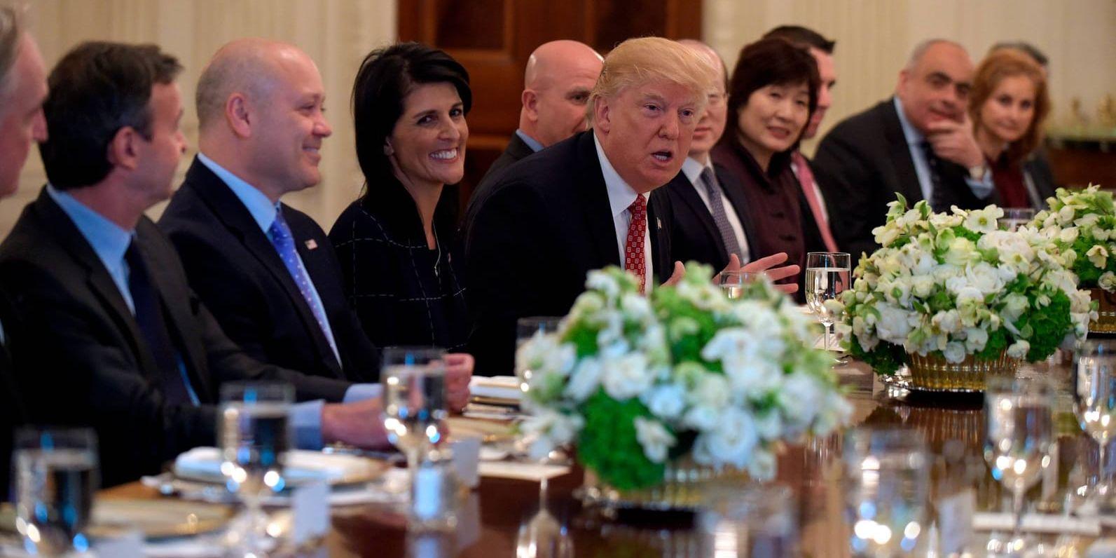 President Donald Trump, bredvid USA:s FN-ambassadör Nikki Haley, under lunchen med säkerhetsrådets FN-ambassadörer, bland dem Olof Skoog.