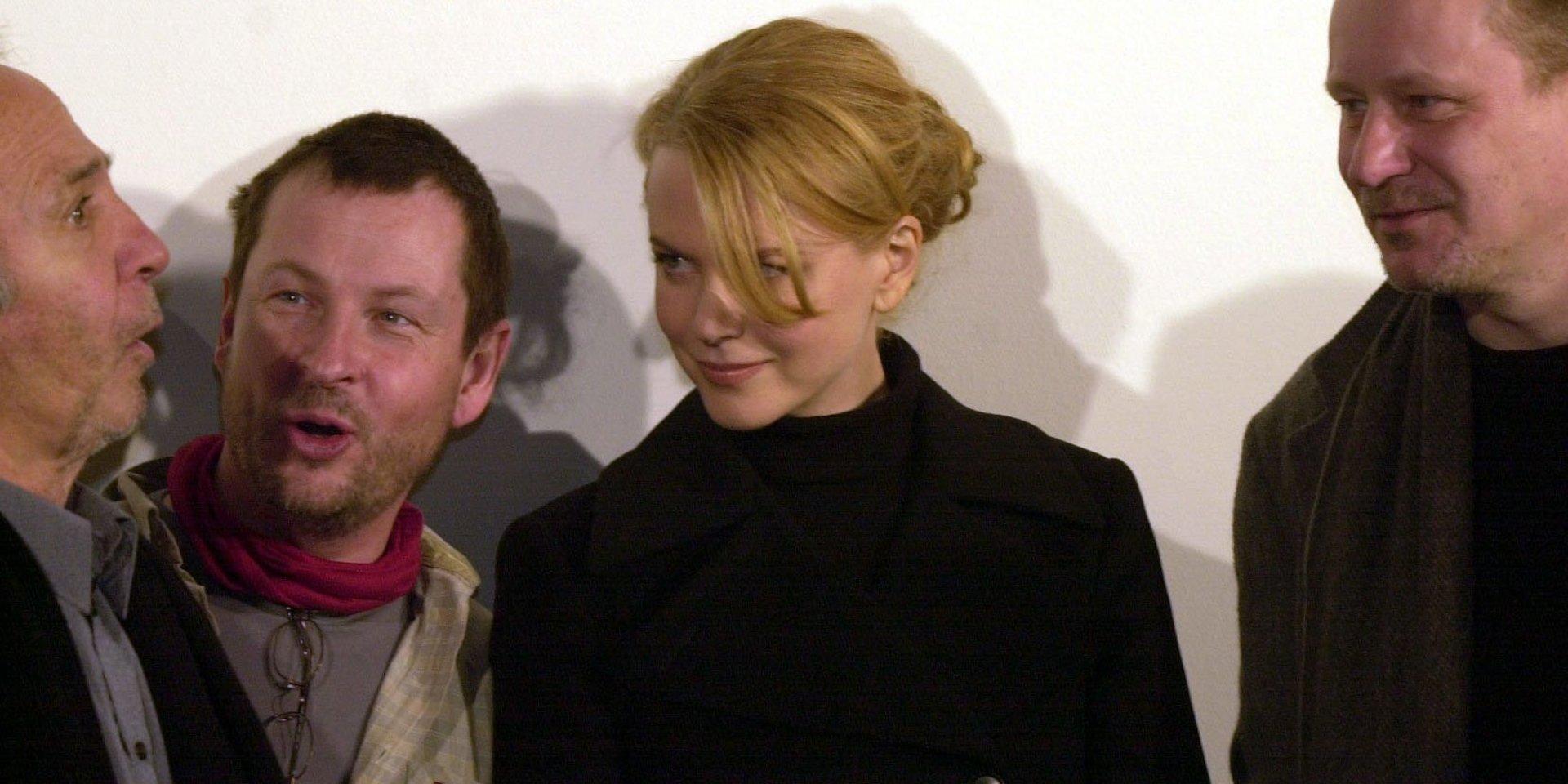 Ben Gazzara, Lars von Trier, Nicole Kidman och Stellan Skarsgård i Trollhättan 2002, under presskonferensen till Dogville.