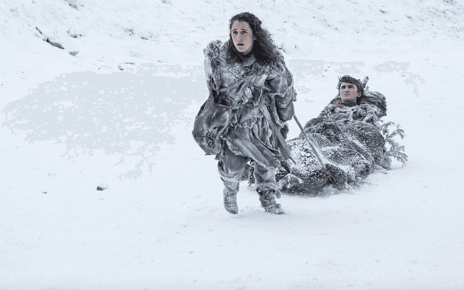 Det ser kallt ut. Ellie Kendrick och Isaac Hempstead Wright i nya säsongen av "Game of thrones. Foto: HBO
