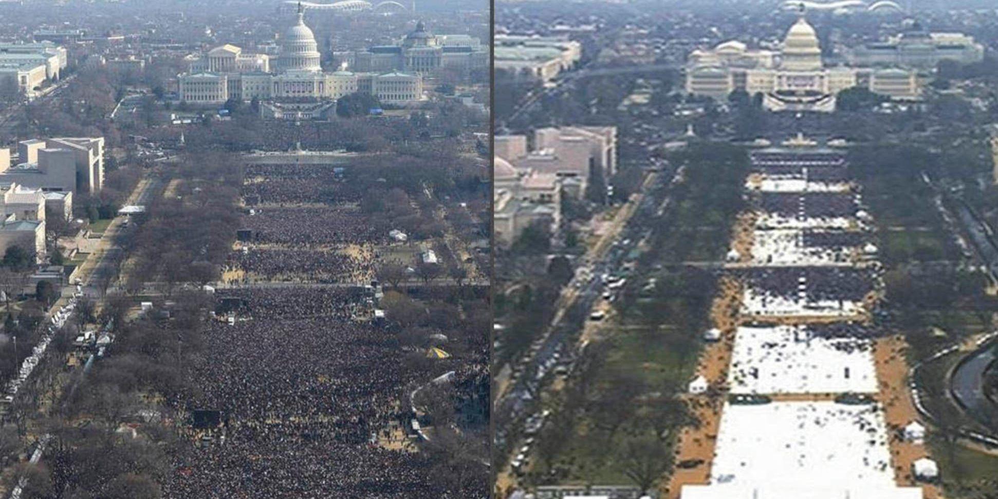 Bild från Barack Obamas installationsceremoni till vänster – och Donald Trumps till höger. Bägge bilder togs vid ungefär samma tid på respektive dag, från Washington-monumentet. Arkivbilder.