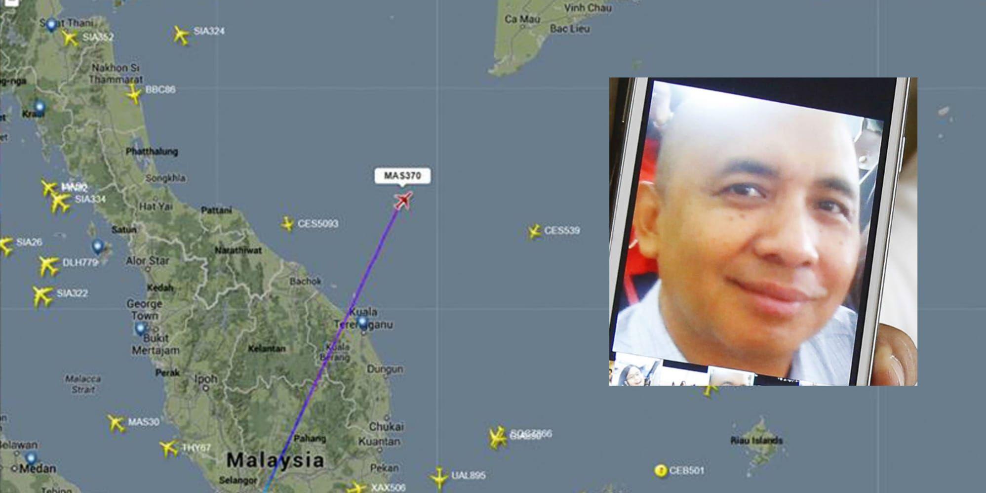 Skärmdump från flightradar24.com över MH370:s resa/Bild på kapten Zaharie Ahmad Shah från en av hans anhörigas mobiltelefon. Foto: AP/Joshua Paul